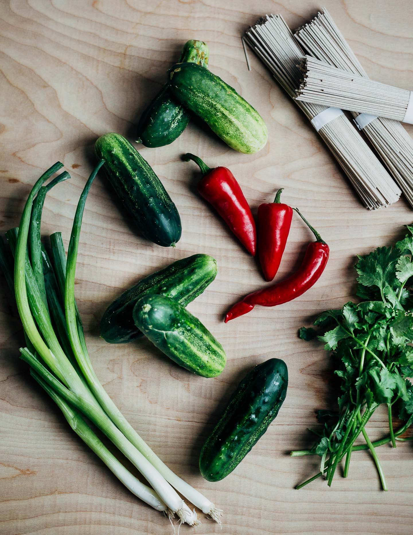 Ingredients for cold cucumber soba noodles. 