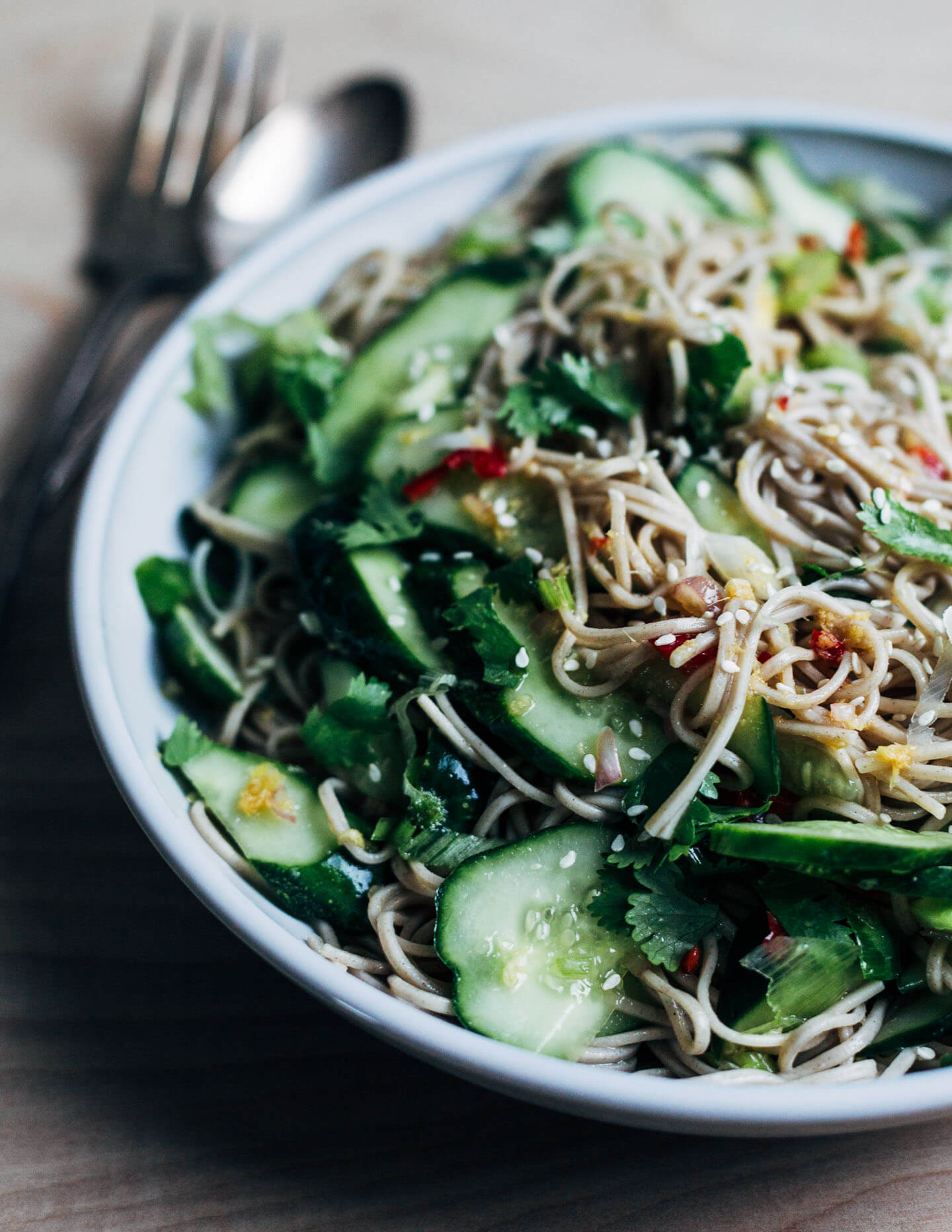The perfect meal for hot summer days – cold cucumber soba noodles with a sweet chili sauce. Made with nutty buckwheat soba noodles with a super flavorful sweet chili and ginger sauce, quick-pickled cucumbers, and green onions.