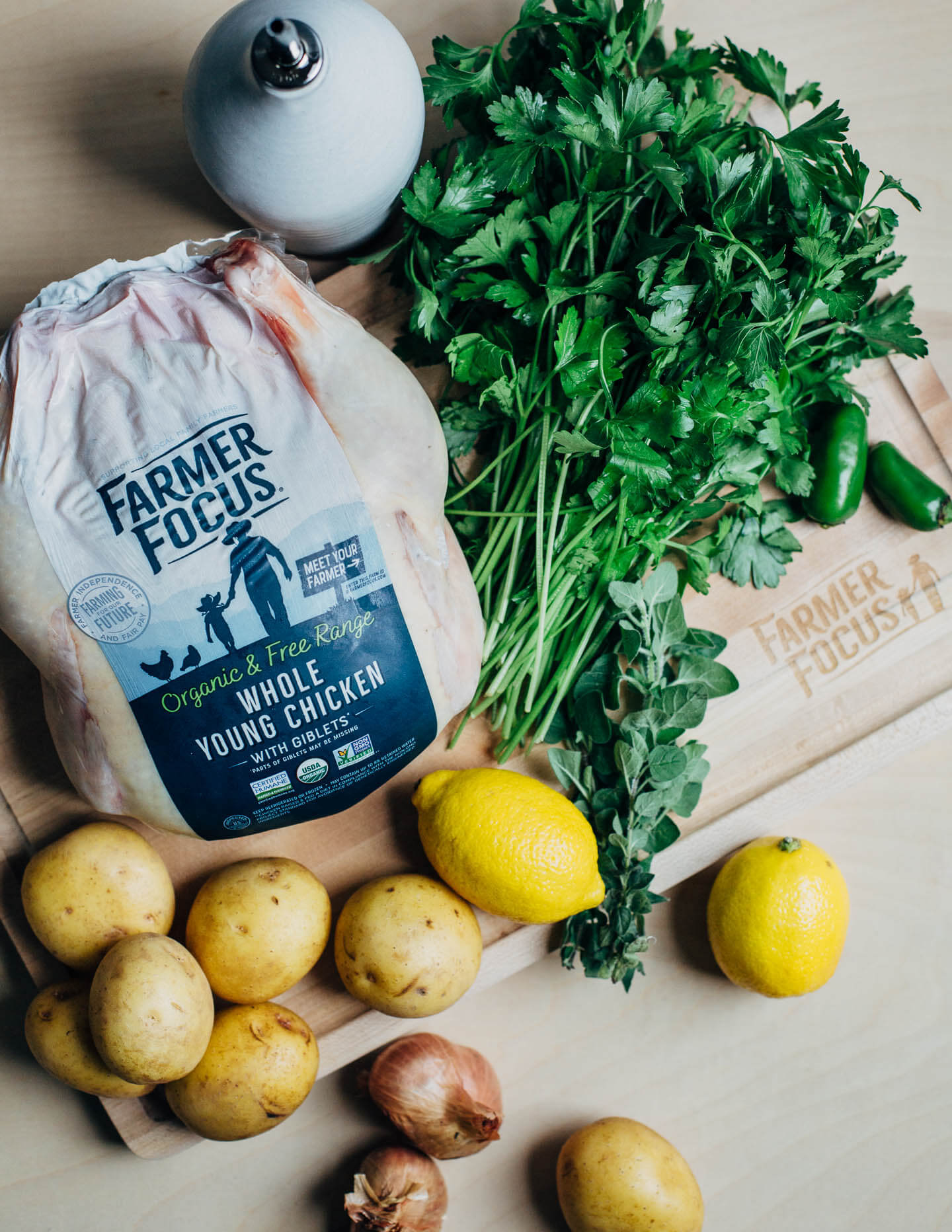 Farmer Focus whole chicken, ready to roast.