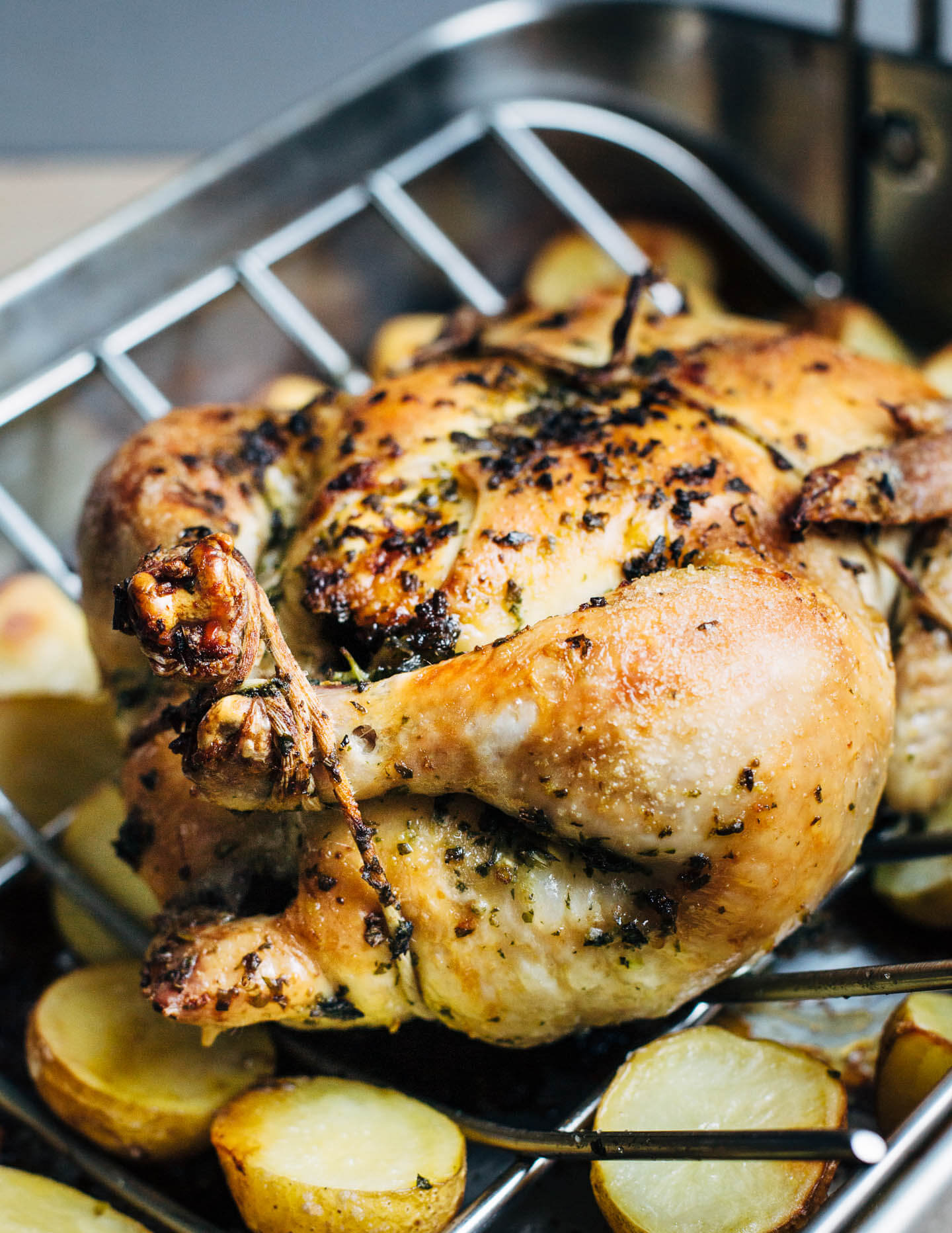 Roasted chimichurri chicken and potatoes, just out of the oven.