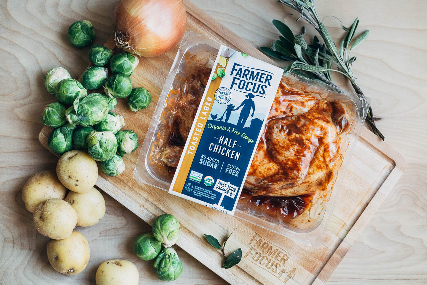 Farmer Focus Toasted Lager Half Chicken and other ingredients.