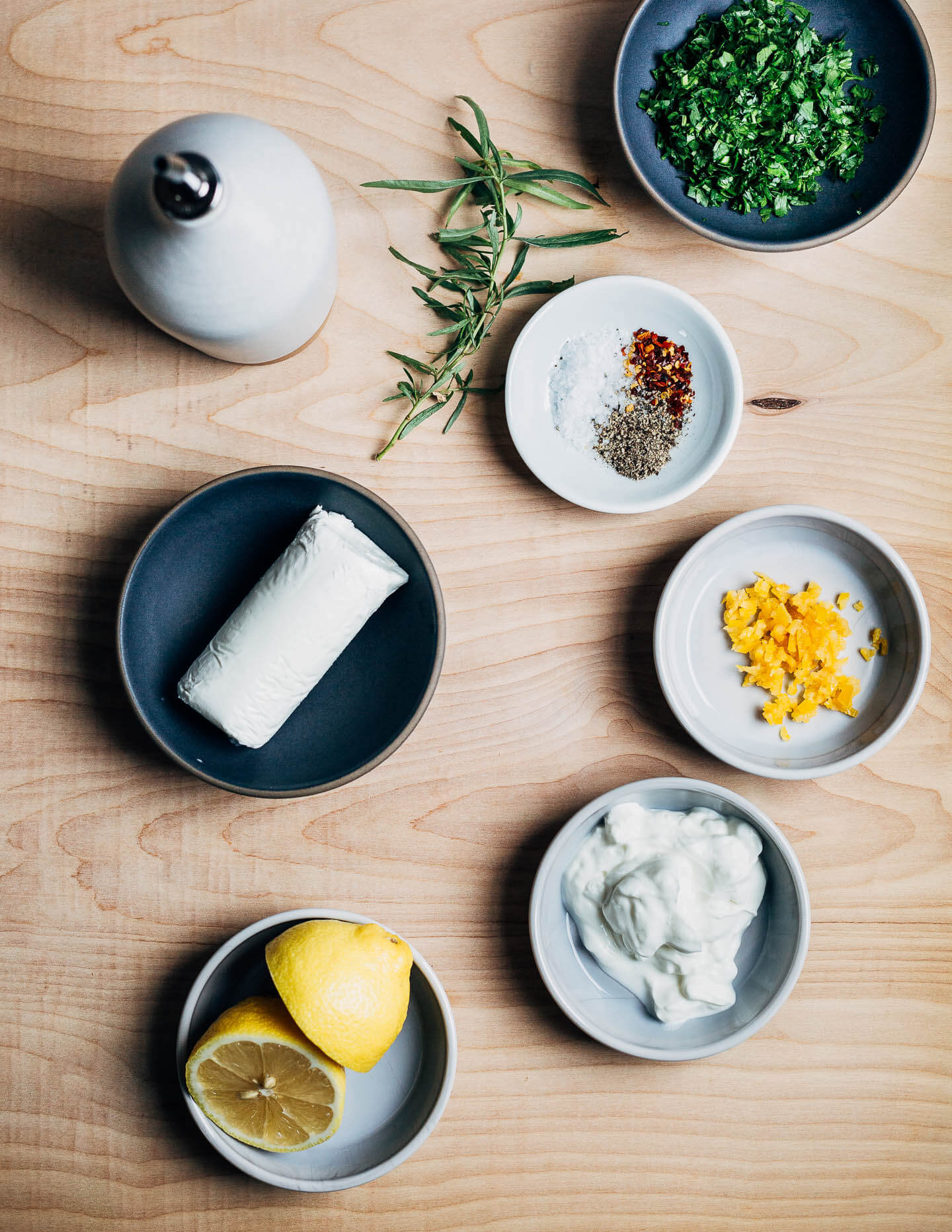 Ingredients for whipped goat cheese dip.
