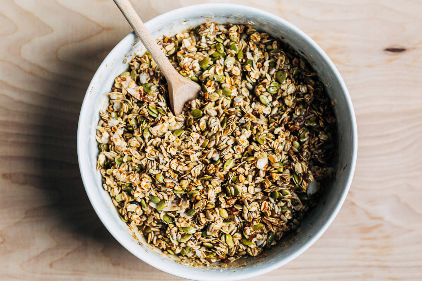 Granola mixed and ready to bake