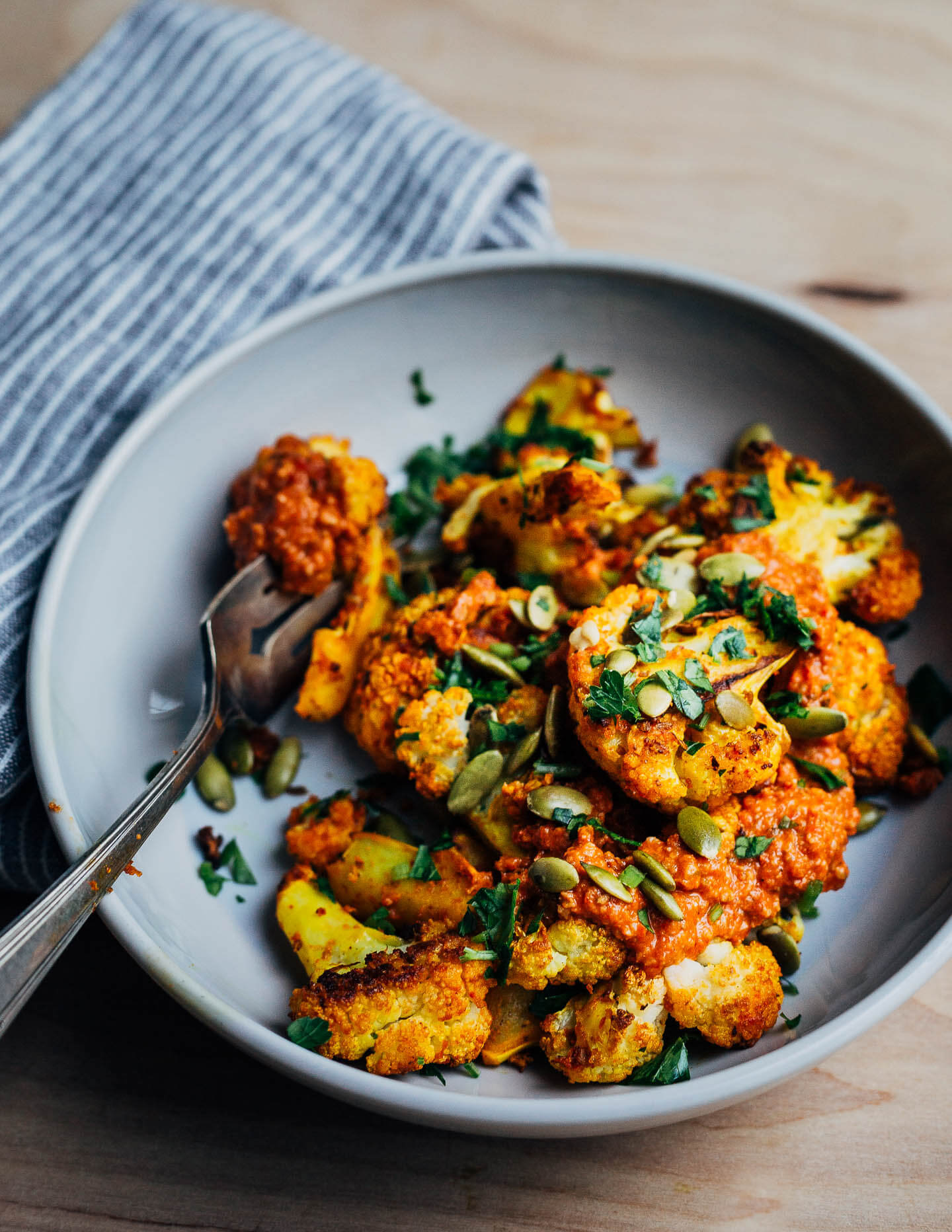 Romesco-roasted cauliflower, ready to eat. 