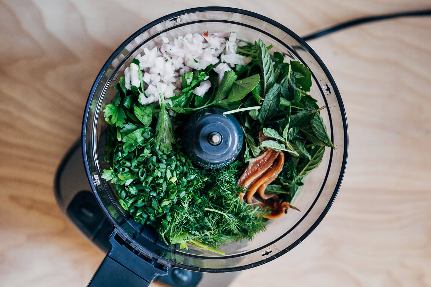 Green goddess ingredients in the food processor