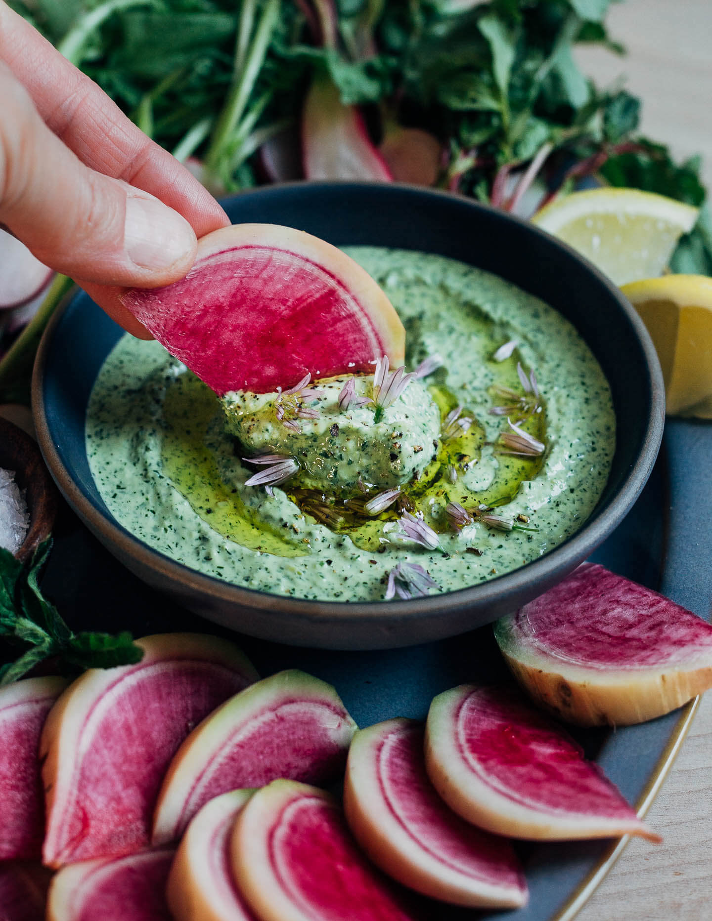 A versatile, wonderfully herbaceous green goddess dip made with creamy Greek yogurt, watercress, herbs, and (optional, but delicious!) anchovies.