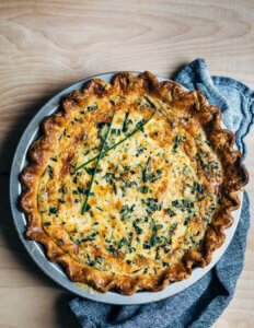 A quiche on a tabletop.,