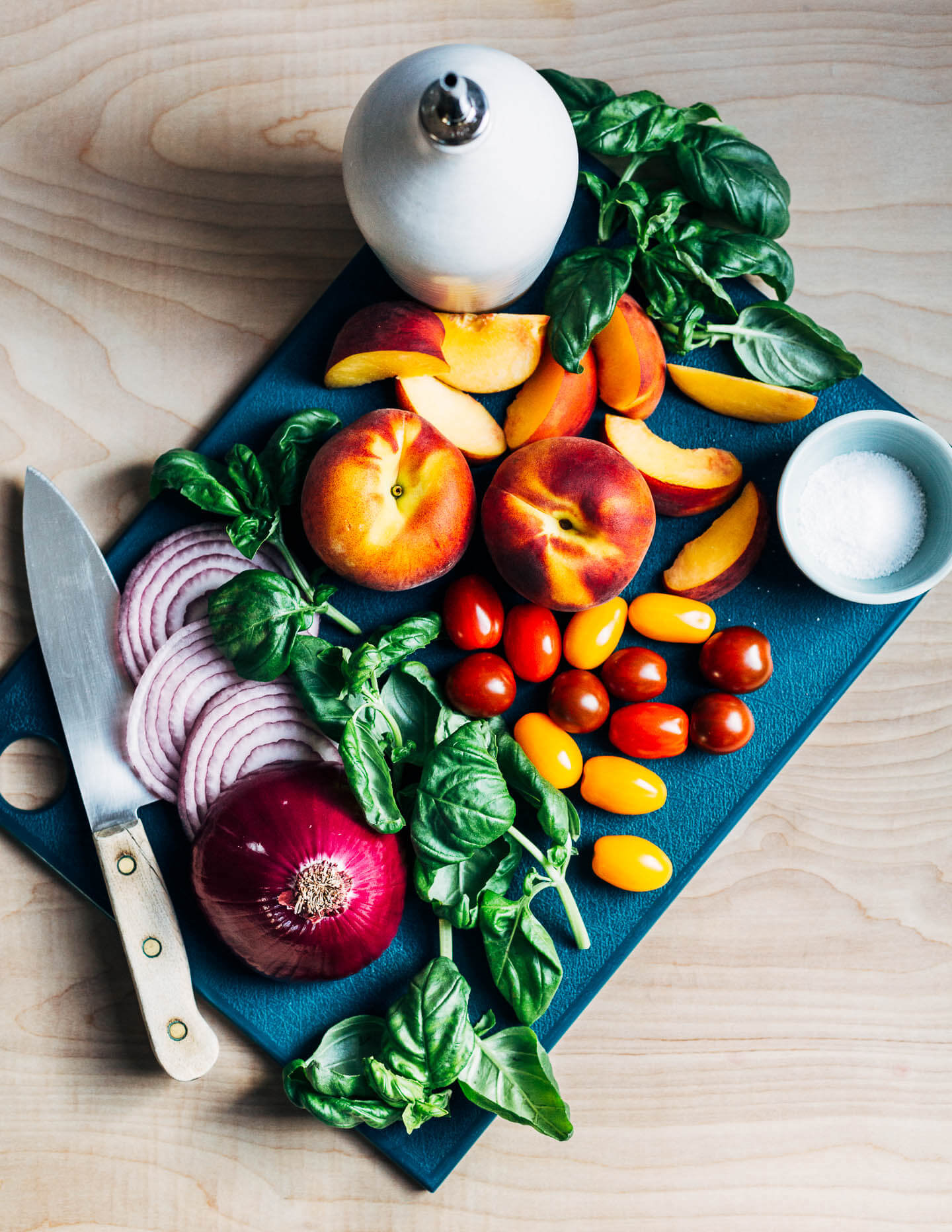 Ingredients for a grilled chicken caprese salad. 
