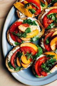 Ricotta toasts on a platter.