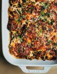 A baking dish with just-baked cauliflower Parmesan.