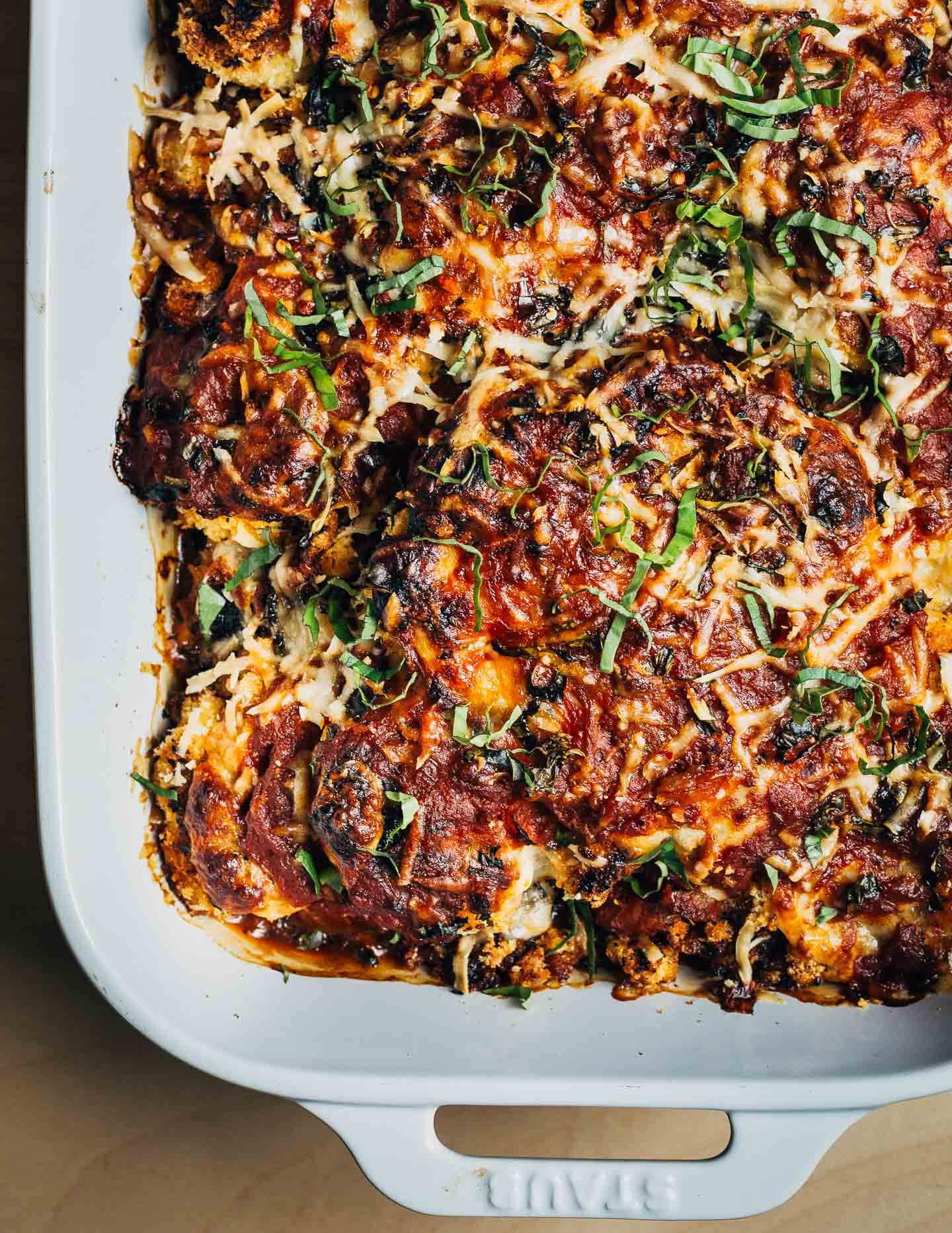 A baking dish with just-baked cauliflower Parmesan. 
