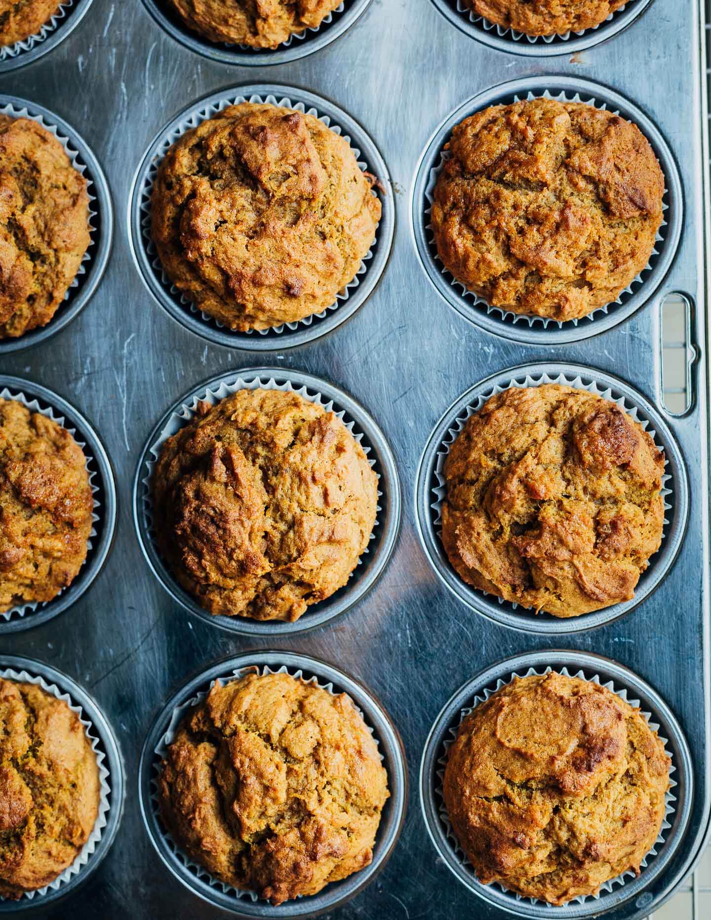 Baked cupcakes in a muffin tin. 
