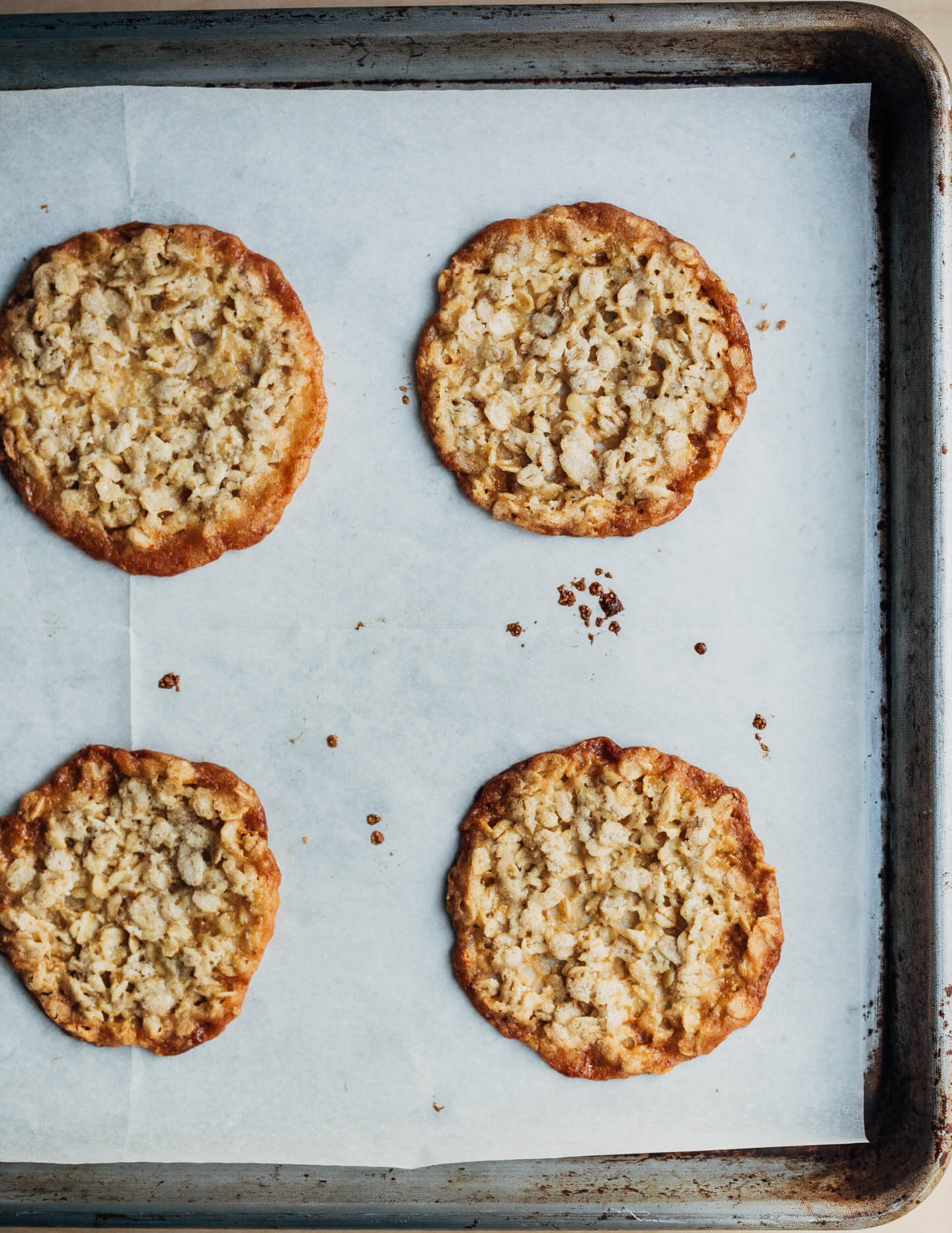 A baking sheet with oatmeal cookies, just out of the oven. 