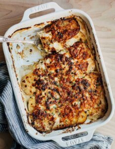 A baking dish of scalloped potatoes.