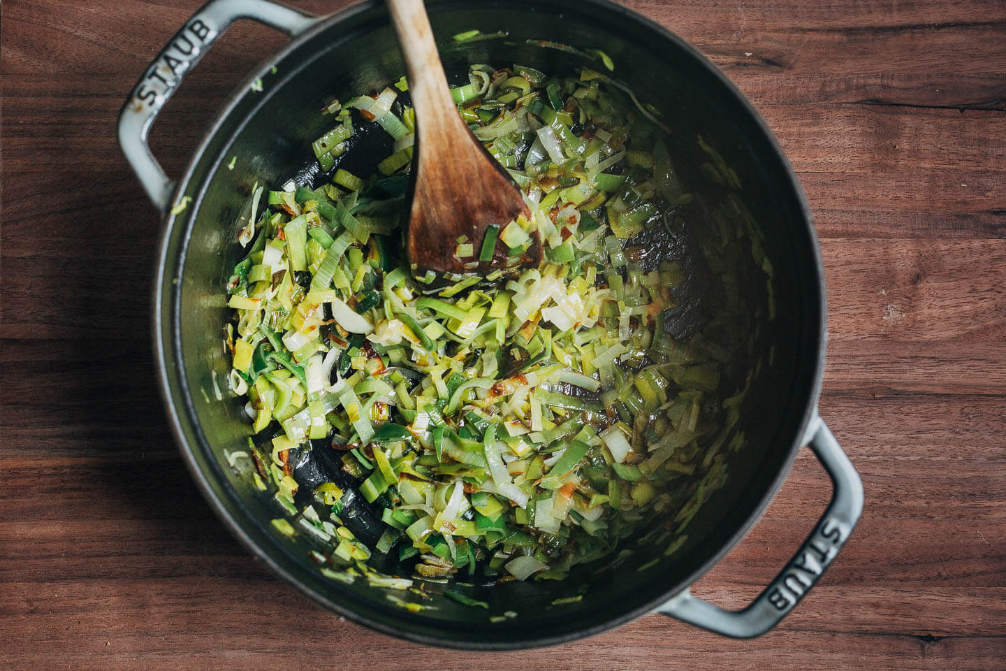 Sautéing leeks in butter. 