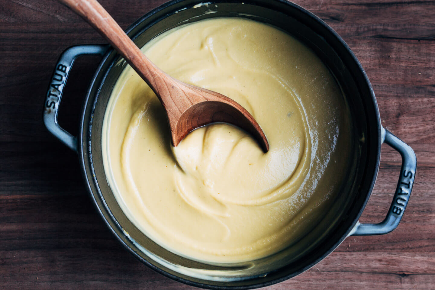 Pureed celery root soup in a Dutch oven
